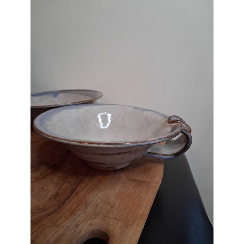 Vintage Studio Pottery Handcrafted Stoneware Soup Bowls Double Handle Set of 2